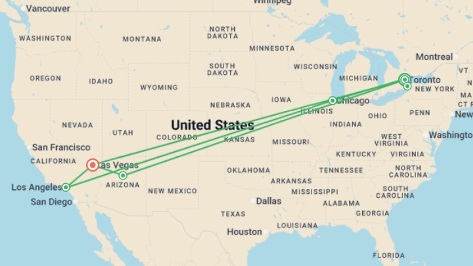 A map showing the tour itinerary for the trip: Toronto, Niagara, and Chicago with Western Classics ending Las Vegas, starting in Toronto, Canada and ending in Las Vegas, USA going through 5 other destinations.