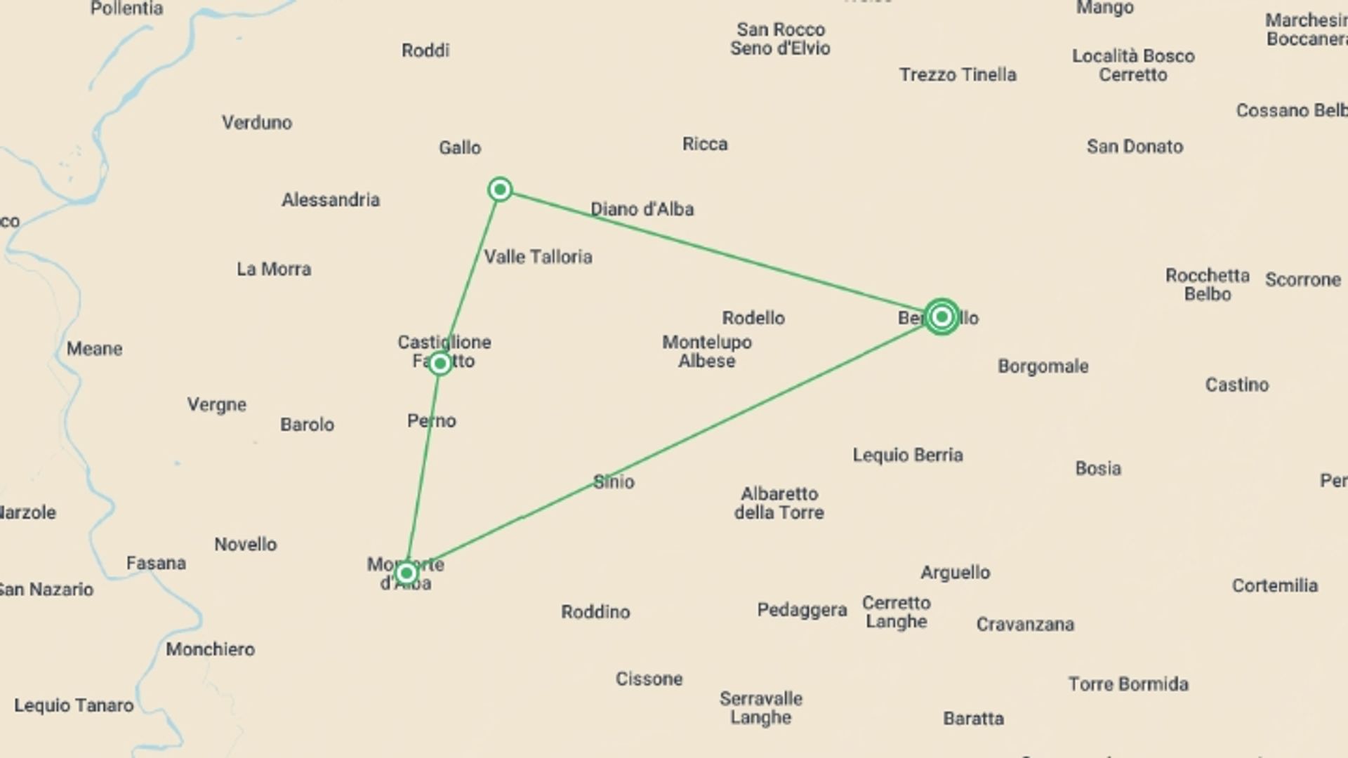 A map showing the tour itinerary for the trip: Walking the Wine Villages of Piedmont, starting in Benevello, Italy and ending in Benevello, Italy going through 3 other destinations.