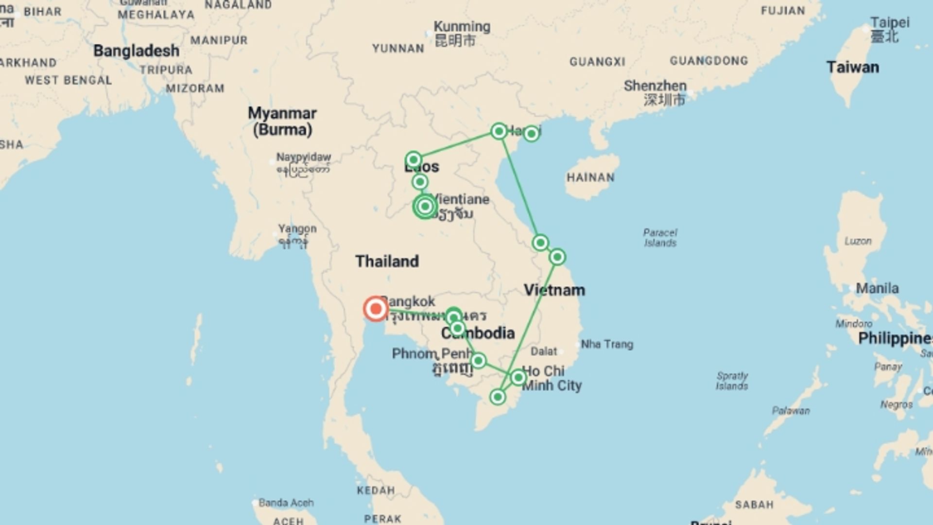 A map showing the tour itinerary for the trip: Indochina Discovery - 23 days, starting in Vientiane, Laos and ending in Bangkok, Thailand going through 10 other destinations.