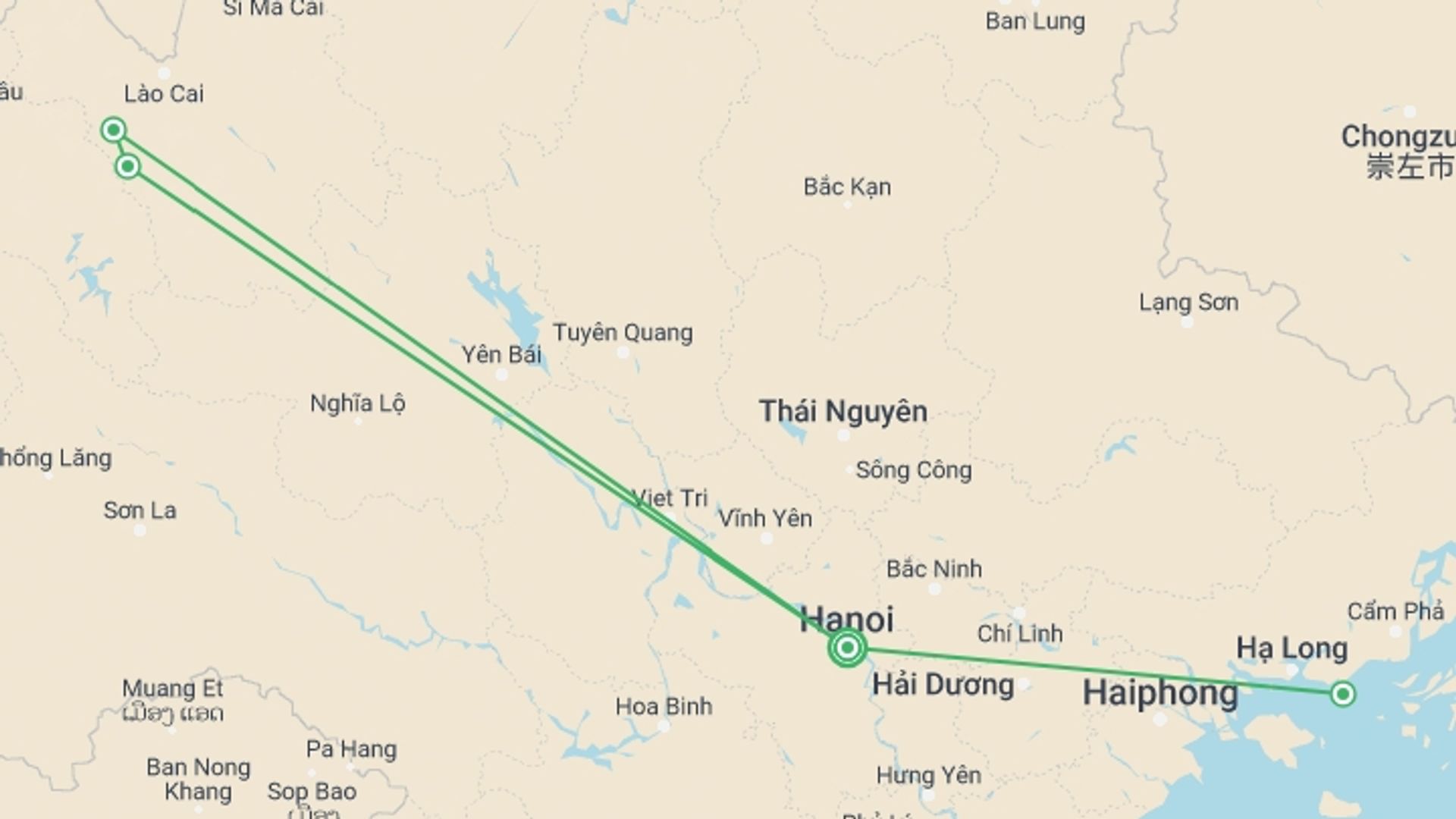 A map showing the tour itinerary for the trip: 8-Day Vietnam's Mountains and Seaside Melody Expedition , starting in Hanoi, Vietnam and ending in Hanoi, Vietnam going through 3 other destinations.