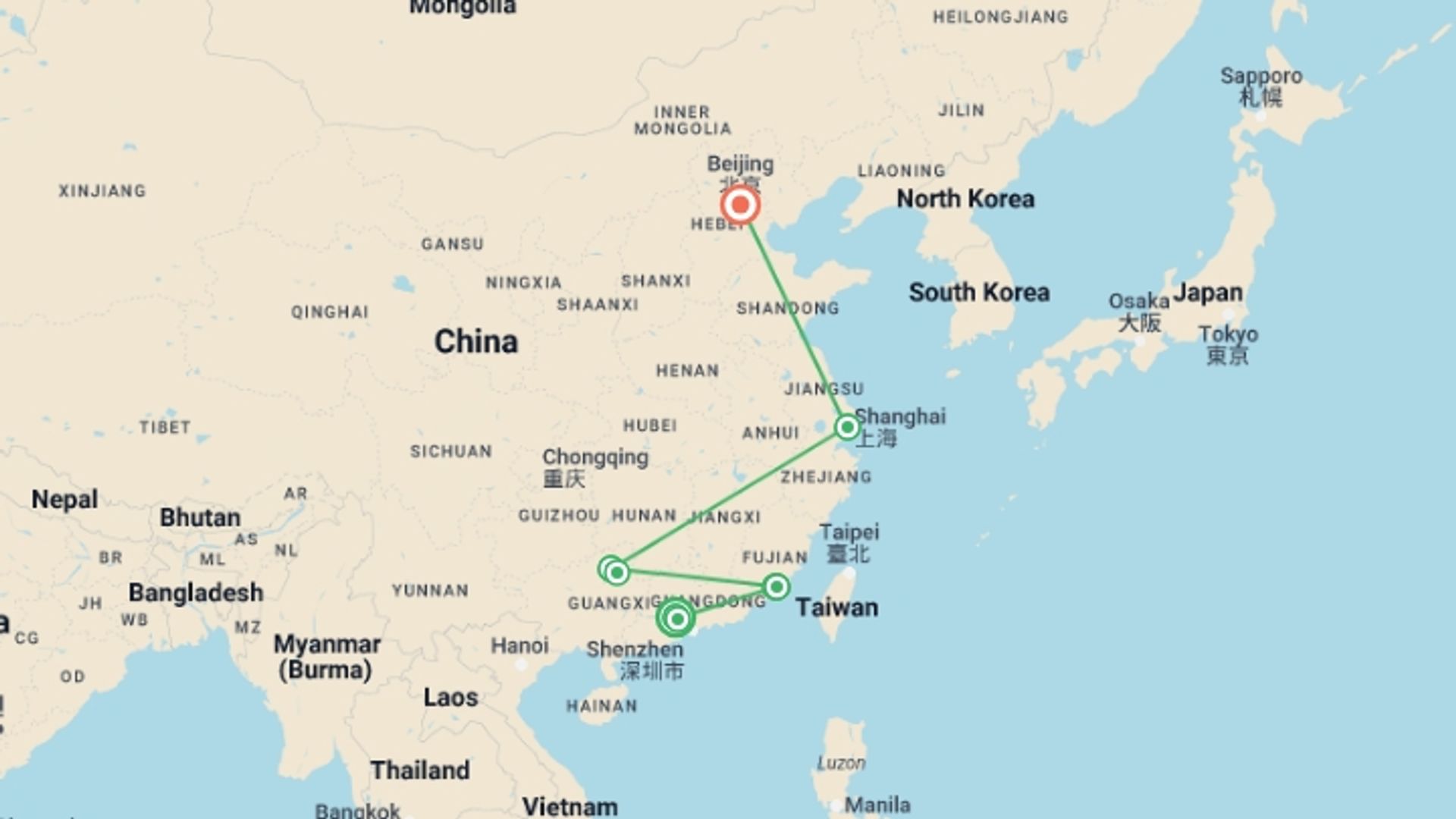 A map showing the tour itinerary for the trip: China Explorer, Private Tour, starting in Guangzhou, China and ending in Beijing, China going through 3 other destinations.
