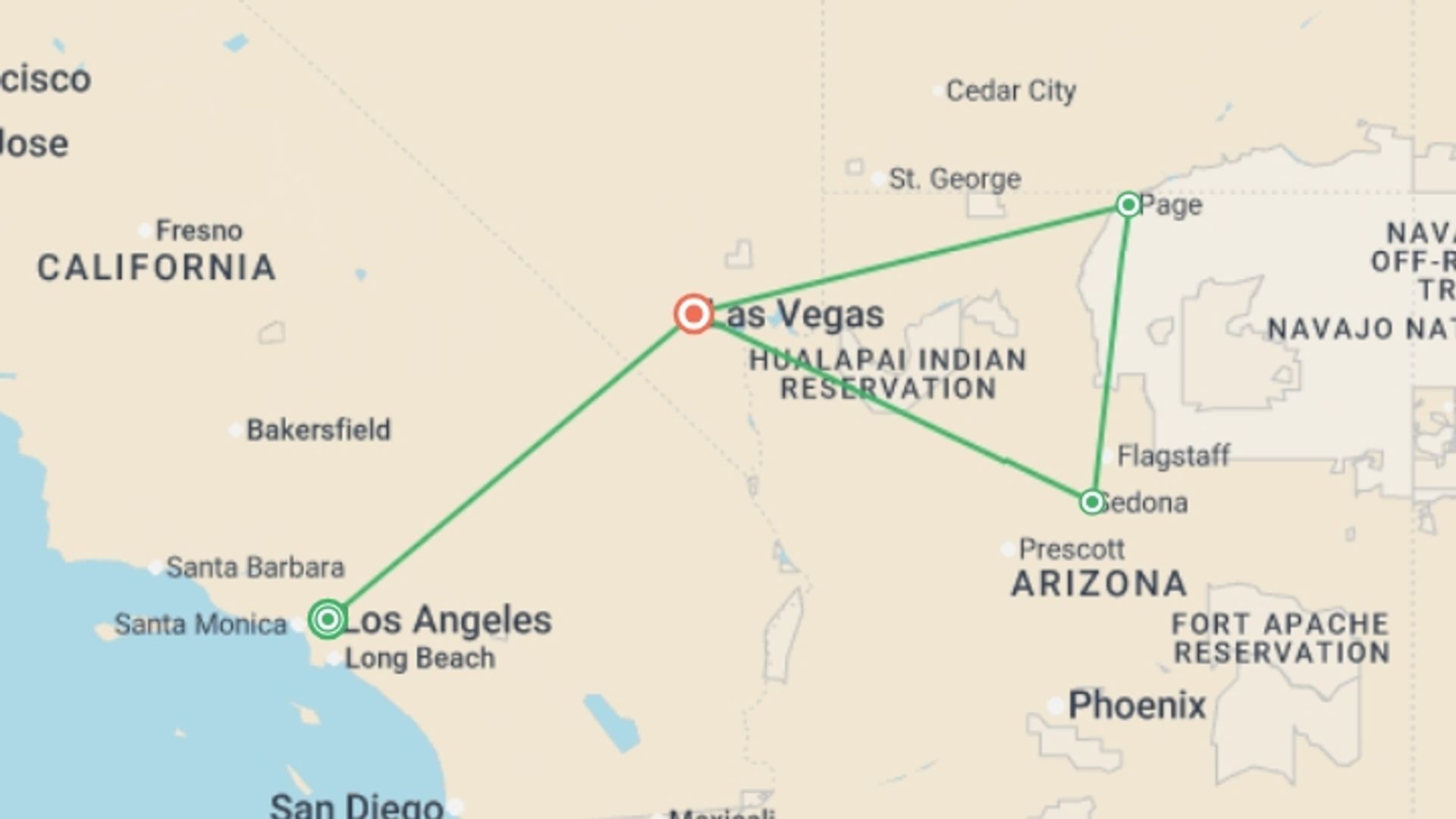 A map showing the tour itinerary for the trip: LA to Monument Valley & Vegas - 5 days, starting in Los Angeles, USA and ending in Las Vegas, USA going through 2 other destinations.