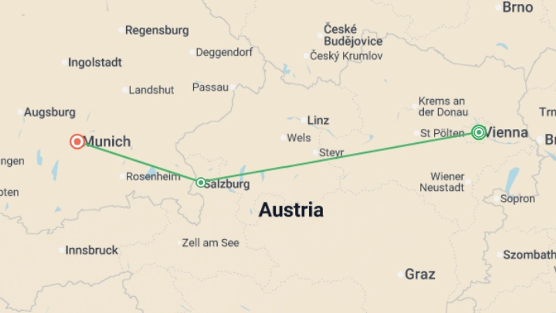 A map showing the tour itinerary for the trip: Impressive Christmas Markets: Vienna to Munich, starting in Vienna, Austria and ending in Munich, Germany going through 1 other destinations.