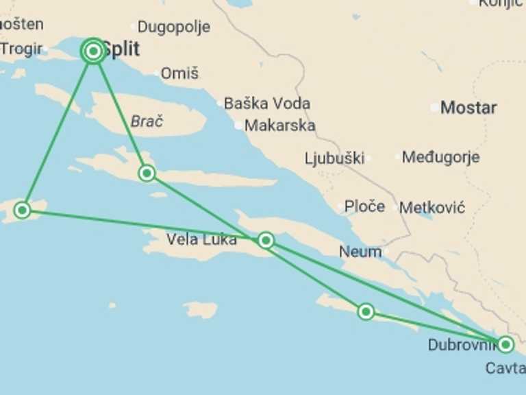 Map of 8-Day Split Tour with 6 destination visits for the trip: Adriatic Paradise Cruise - 8 days