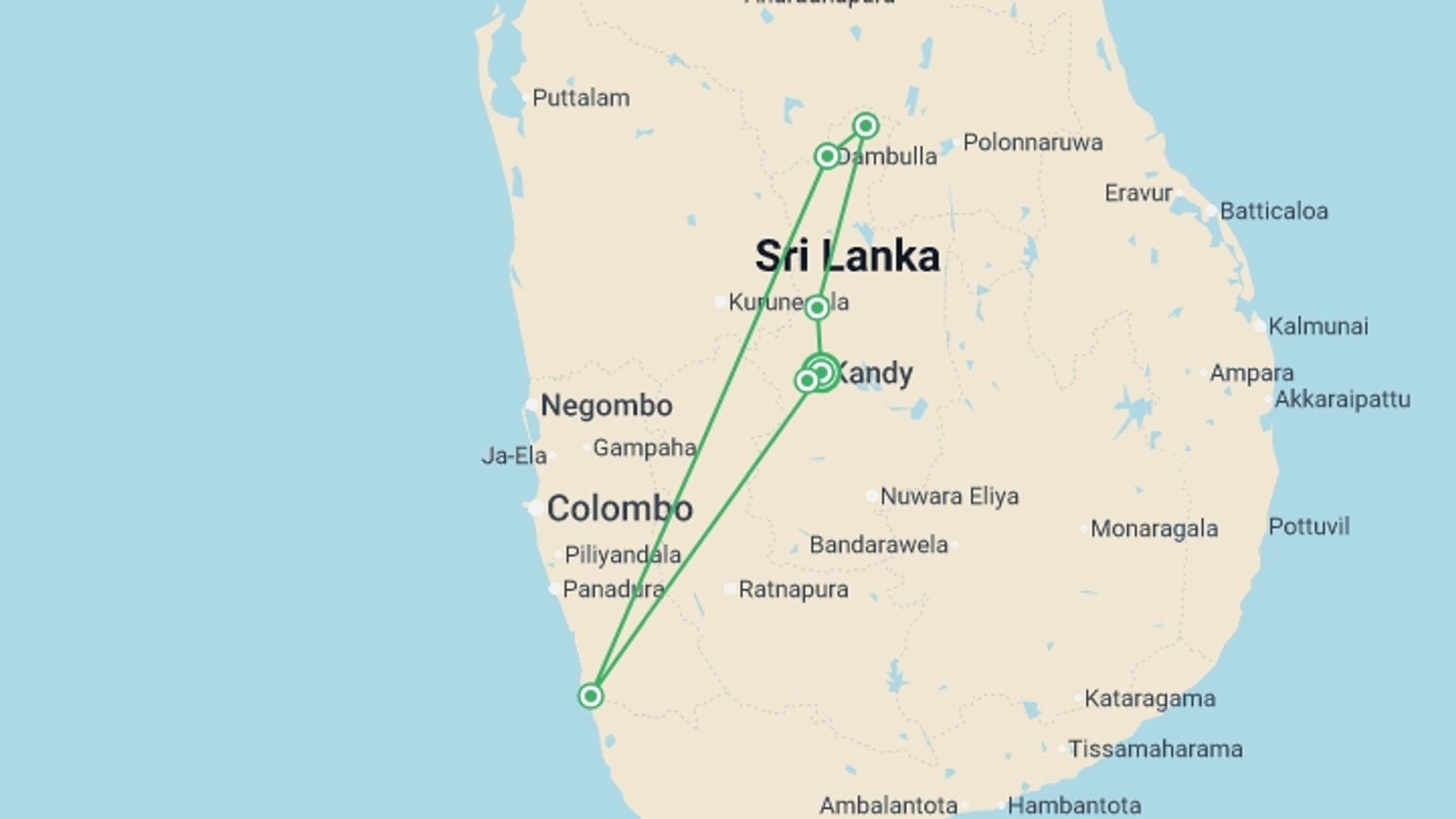A map showing the tour itinerary for the trip: Kandy, Sigiriya & Dambulla 4 Days, Private Tour, starting in Kandy, Sri Lanka and ending in Kandy, Sri Lanka going through 2 other destinations.