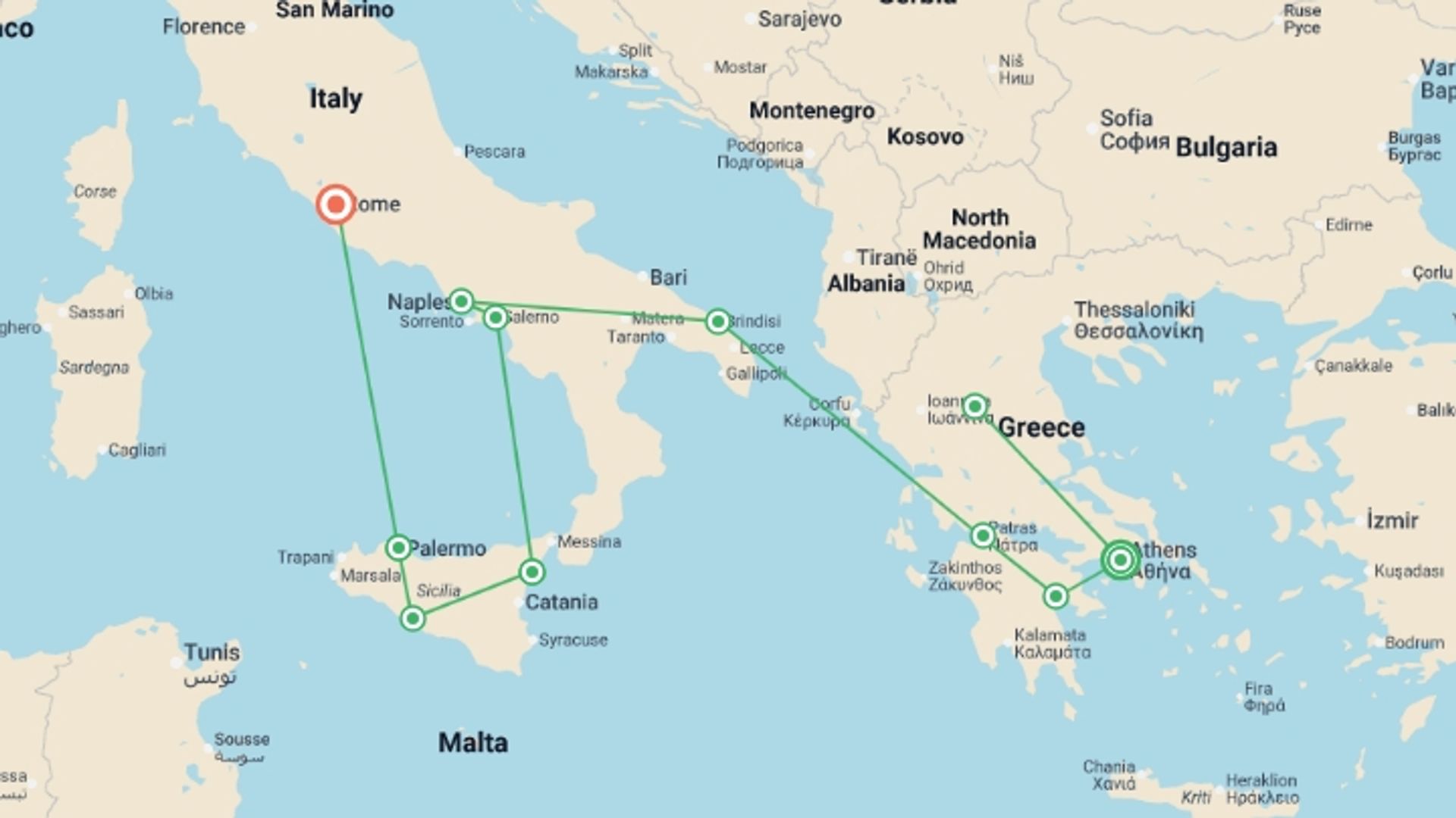 A map showing the tour itinerary for the trip: Complete Greece and Sicily, starting in Athens, Greece and ending in Rome, Italy going through 9 other destinations.