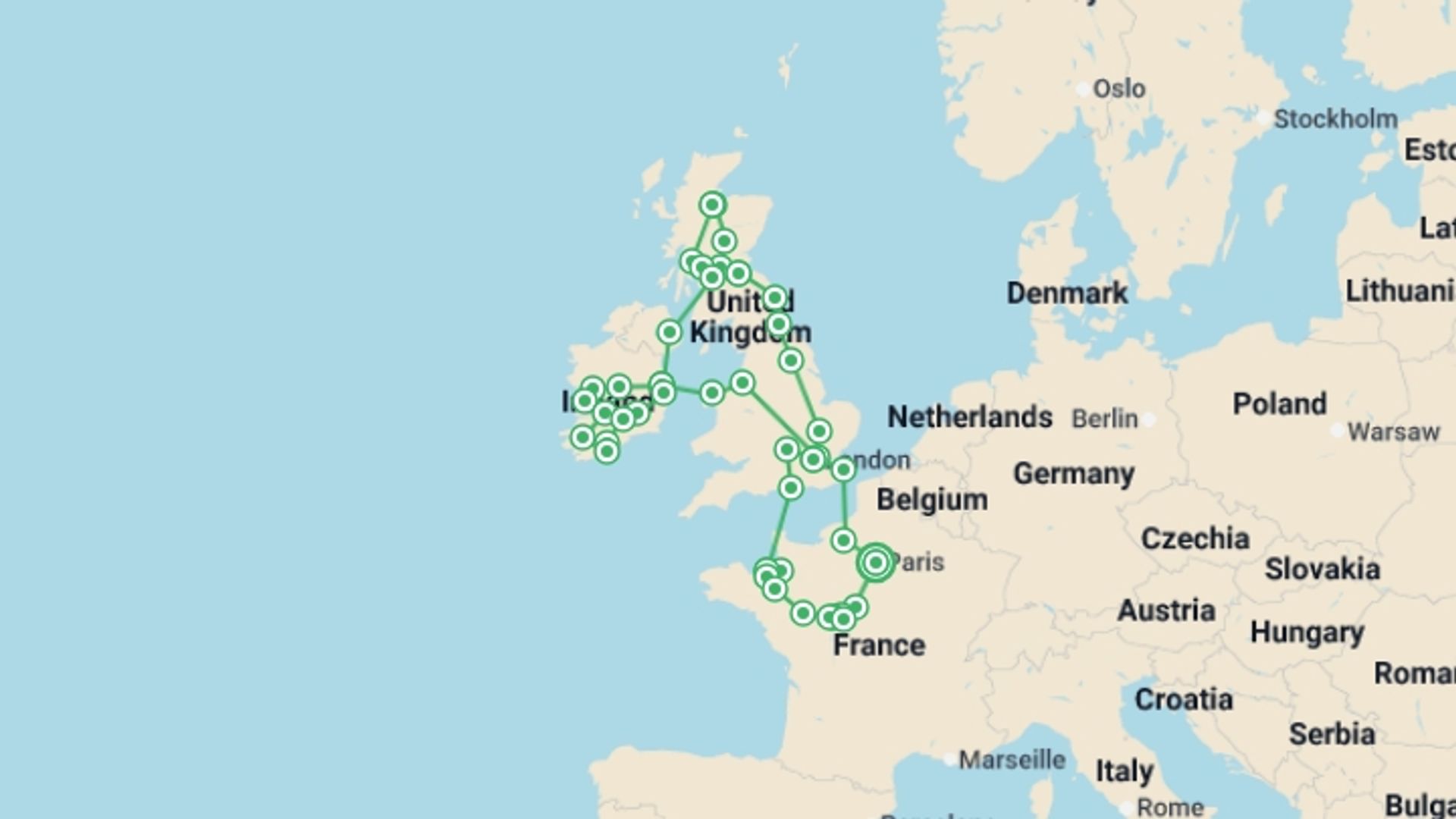 A map showing the tour itinerary for the trip: British Isles with Brittany and Loire Castles, starting in Paris, France and ending in Paris, France going through 14 other destinations.