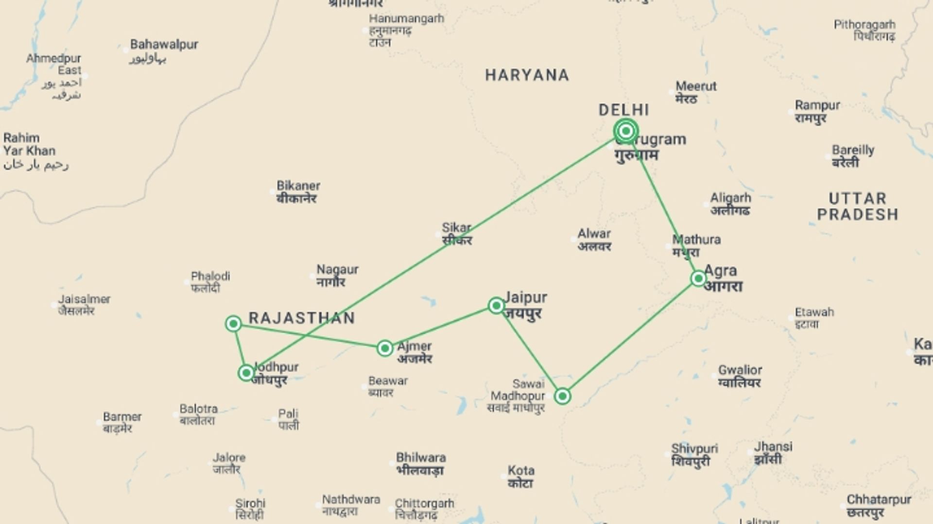 A map showing the tour itinerary for the trip: Rajasthan & Golden Triangle Adventure  - 13 days, starting in New Delhi, India and ending in New Delhi, India going through 6 other destinations.