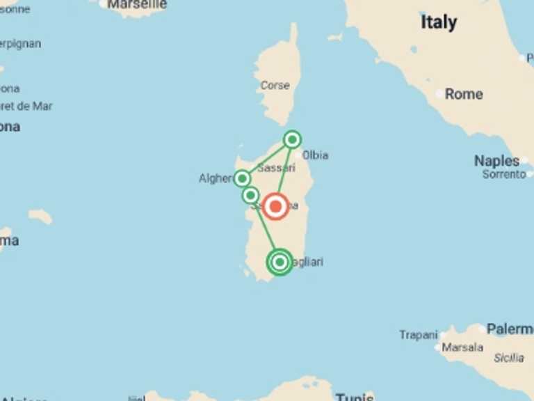 Map itinerary of Europe Tour in May 2026 with 5 destination visits for the trip: Best of Sardinia - 7 days