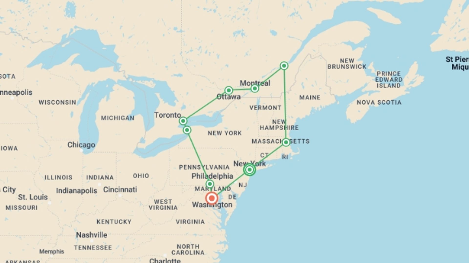 A map showing the tour itinerary for the trip: Discover Eastern US and Canada, starting in New York, USA and ending in Washington D.C., USA going through 6 other destinations.
