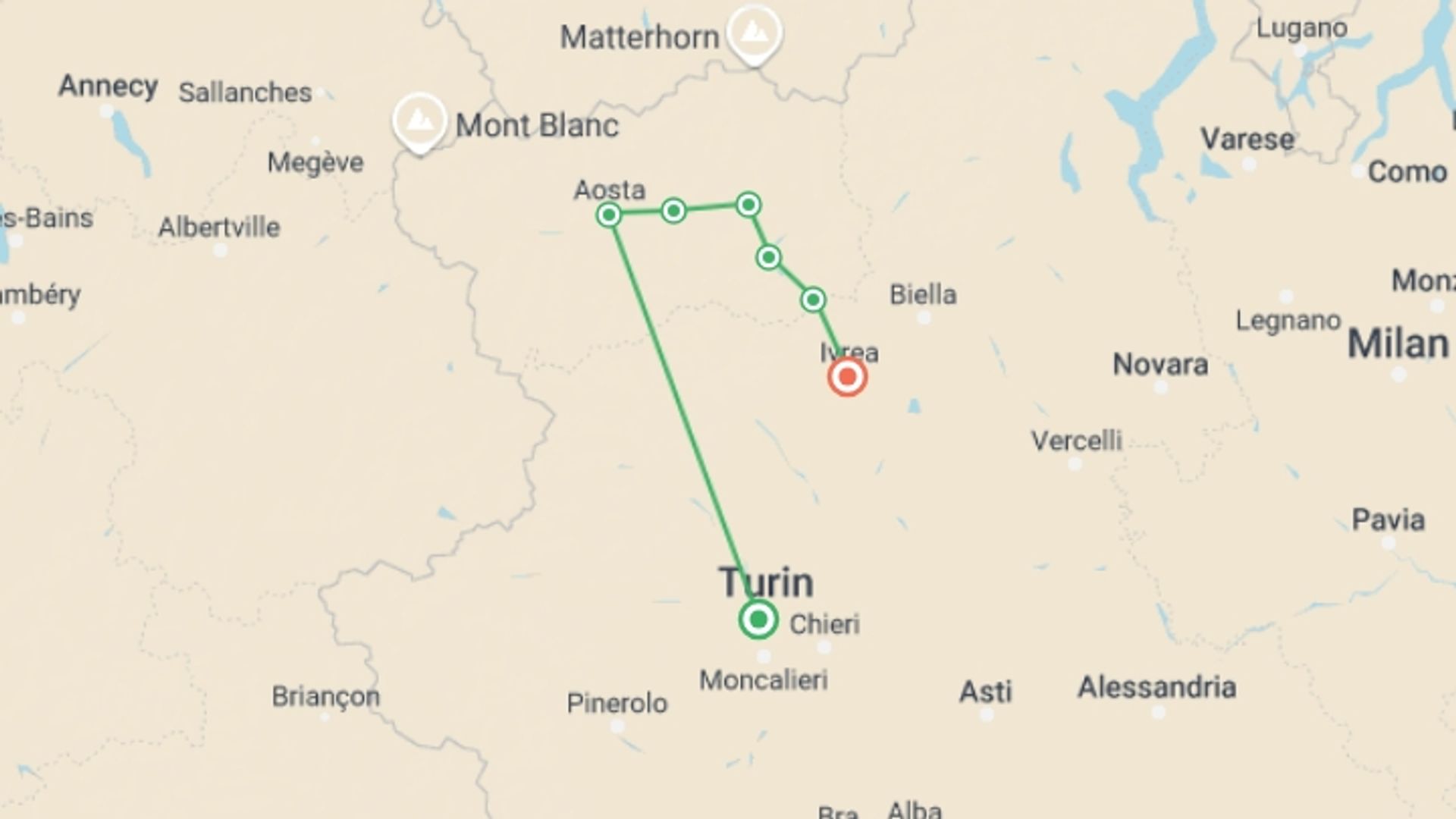 A map showing the tour itinerary for the trip: Via Francigena: Aosta to Ivrea, starting in Turin, Italy and ending in Ivrea, Italy going through 6 other destinations.
