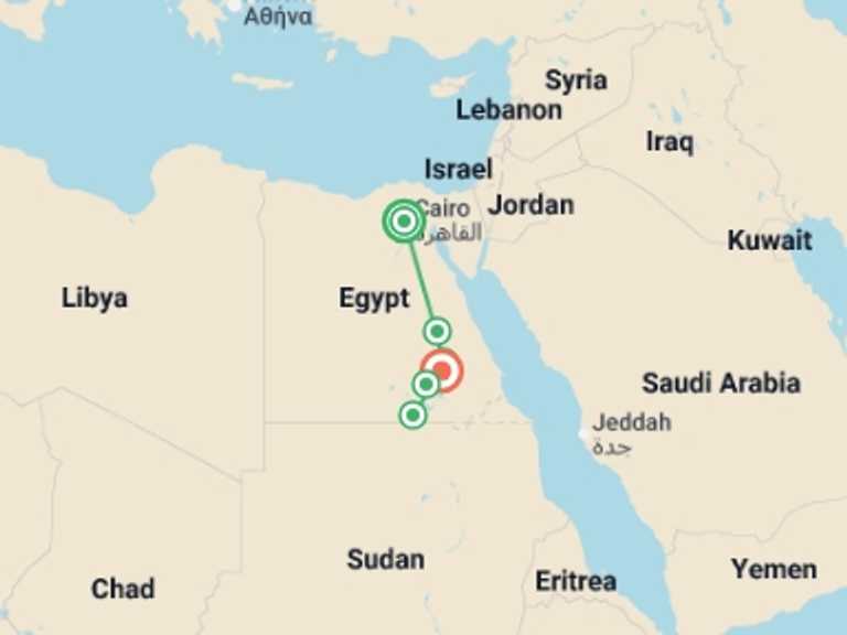 Map itinerary of Africa Tour in December 2026 with 6 destination visits for the trip: Ancient Egypt & Nile Cruise
