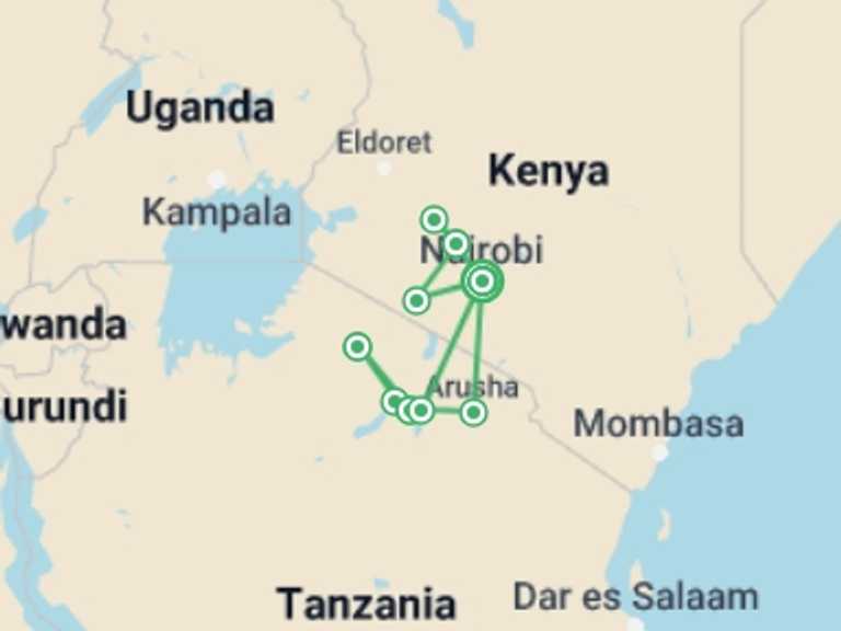 Map itinerary of Kenya Tour in Winter with 9 destination visits for the trip: Kenya and Tanzania Family Safari
