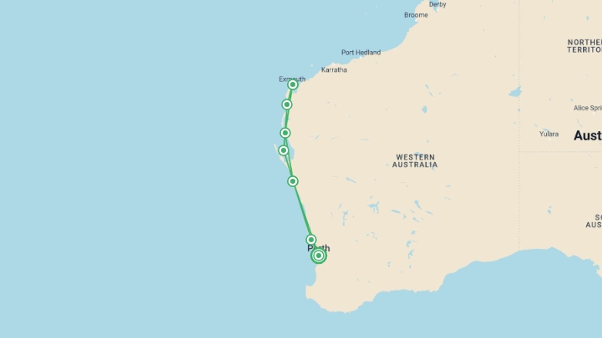 A map showing the tour itinerary for the trip: West Coast Group Explorer 7D/6N (Perth to Perth), starting in Perth, Australia and ending in Perth, Australia going through 4 other destinations.