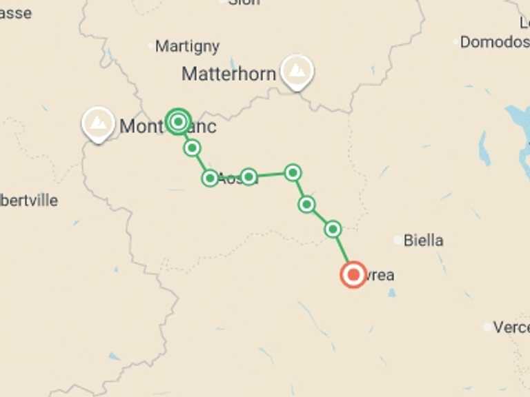 Map itinerary of Mediterranean Tour in June 2026 with 8 destination visits for the trip: Via Francigena: from the Great St Bernard Pass