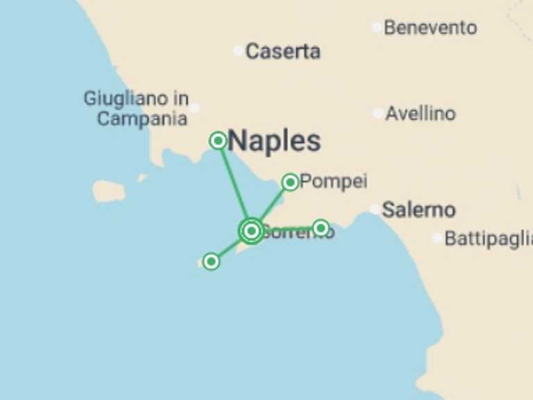 Map itinerary of Italy Tour in Spring with 2 destination visits for the trip: Flavors Of Sorrento And Amalfi, Semi-private Tour