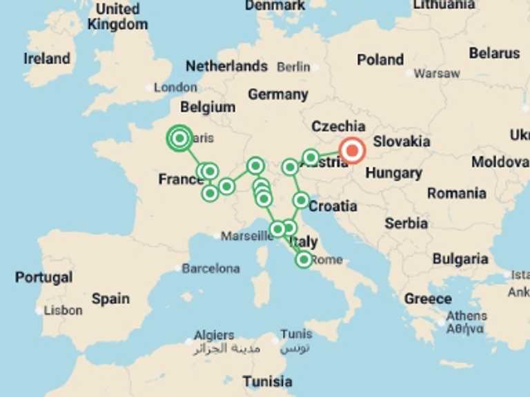Map of Europe Tour with 9 destination visits for the trip: Adventurous Europe