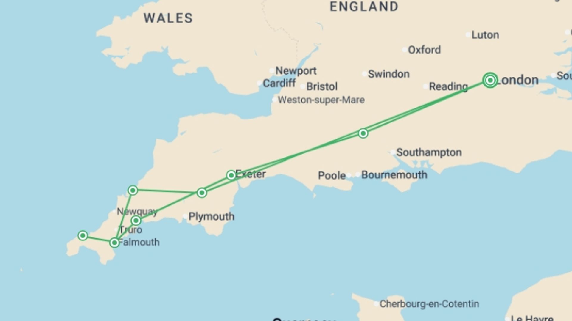 A map showing the tour itinerary for the trip: Corners of Cornwall, starting in London, England and ending in London, England going through 4 other destinations.
