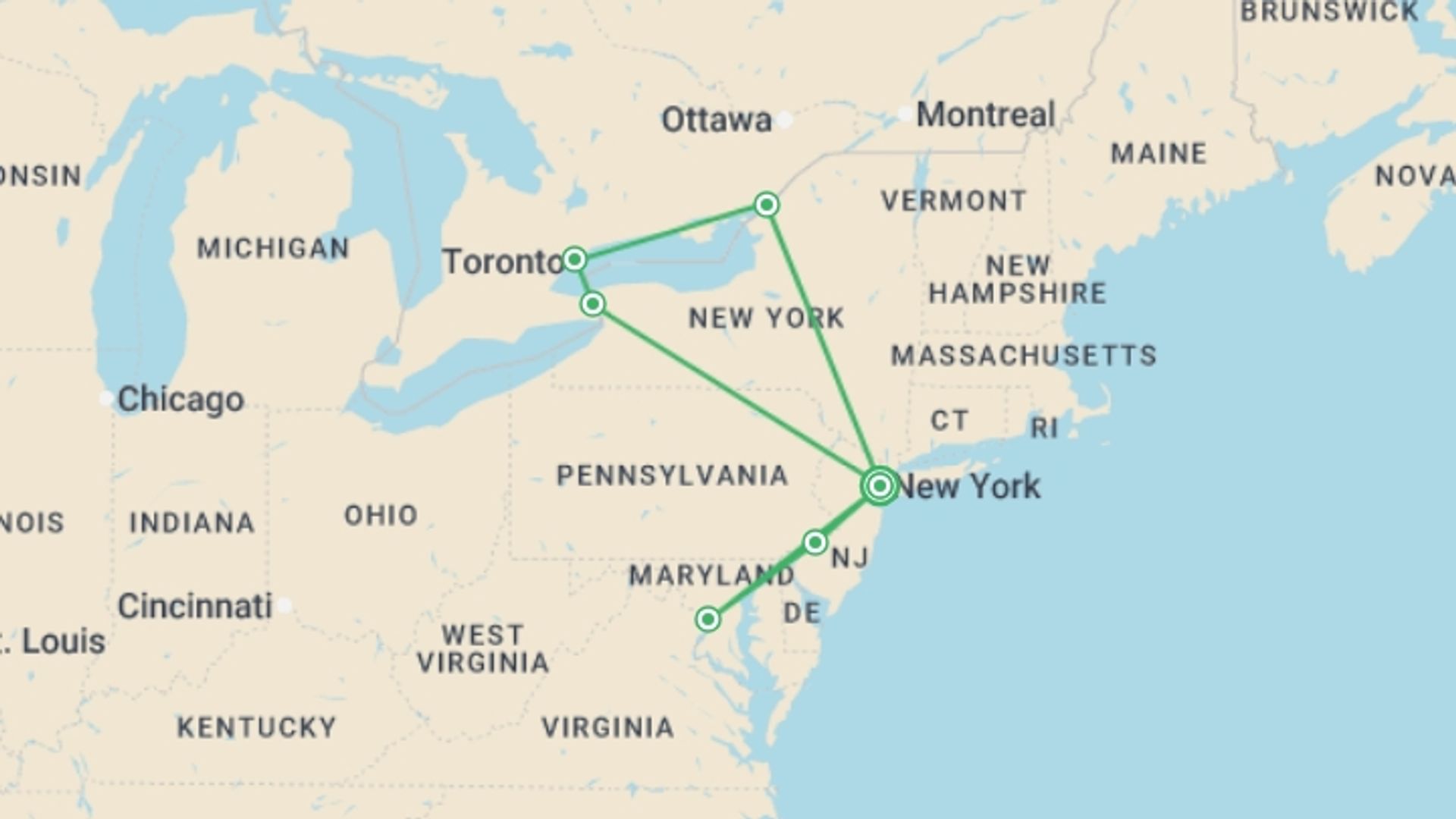 A map showing the tour itinerary for the trip: Highlights of the Northeast US - 5 days, starting in New York, USA and ending in New York, USA going through 3 other destinations.