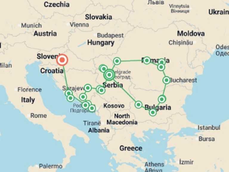 Map itinerary of Sarajevo Tour in Summer with 13 destination visits for the trip: Balkans Encompassed - 22 days