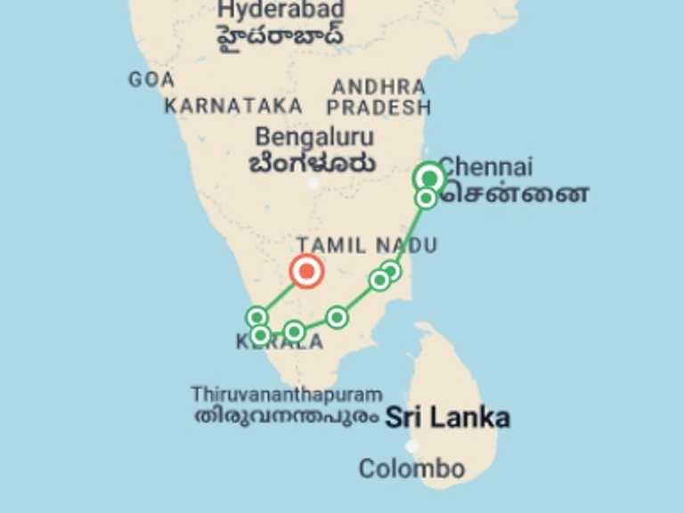 Map of Chennai Cultural, religious and historic sites Tour with 10 destination visits for the trip: Southern India Jewels