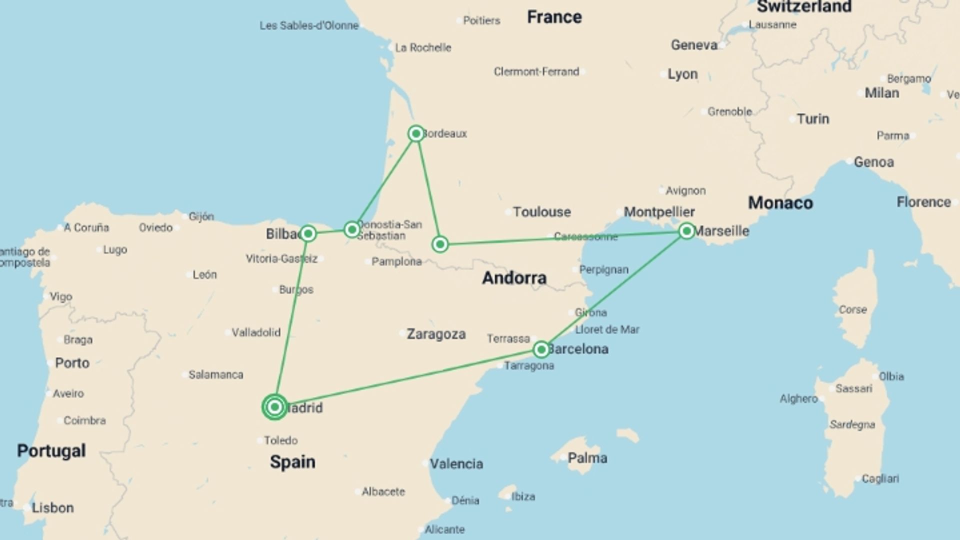 A map showing the tour itinerary for the trip: Madrid, Basque Country, Lourdes, Provence and Barcelona, starting in Madrid, Spain and ending in Madrid, Spain going through 6 other destinations.