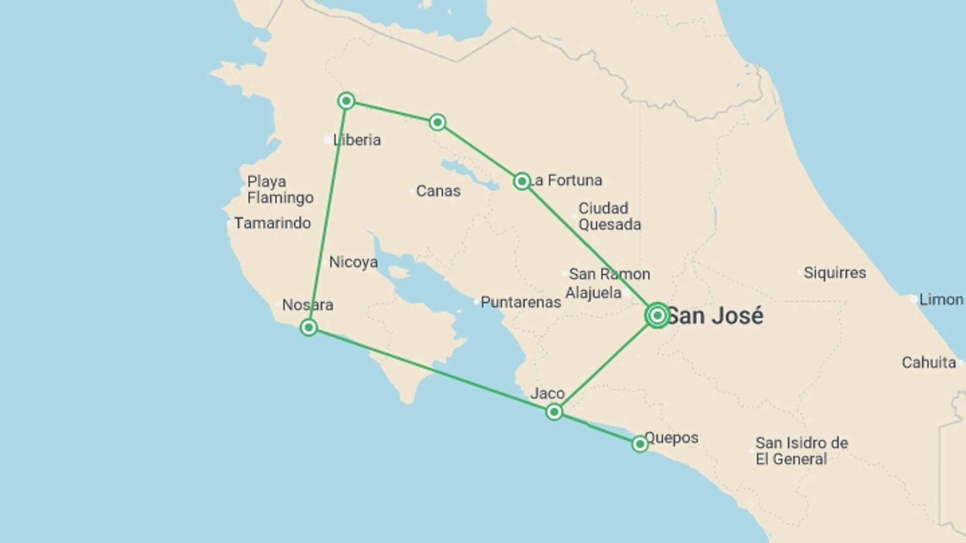 A map showing the tour itinerary for the trip: Classic Costa Rica Youth Adventure  - 13 days, starting in San Jose, Costa Rica and ending in San Jose, Costa Rica going through 4 other destinations.