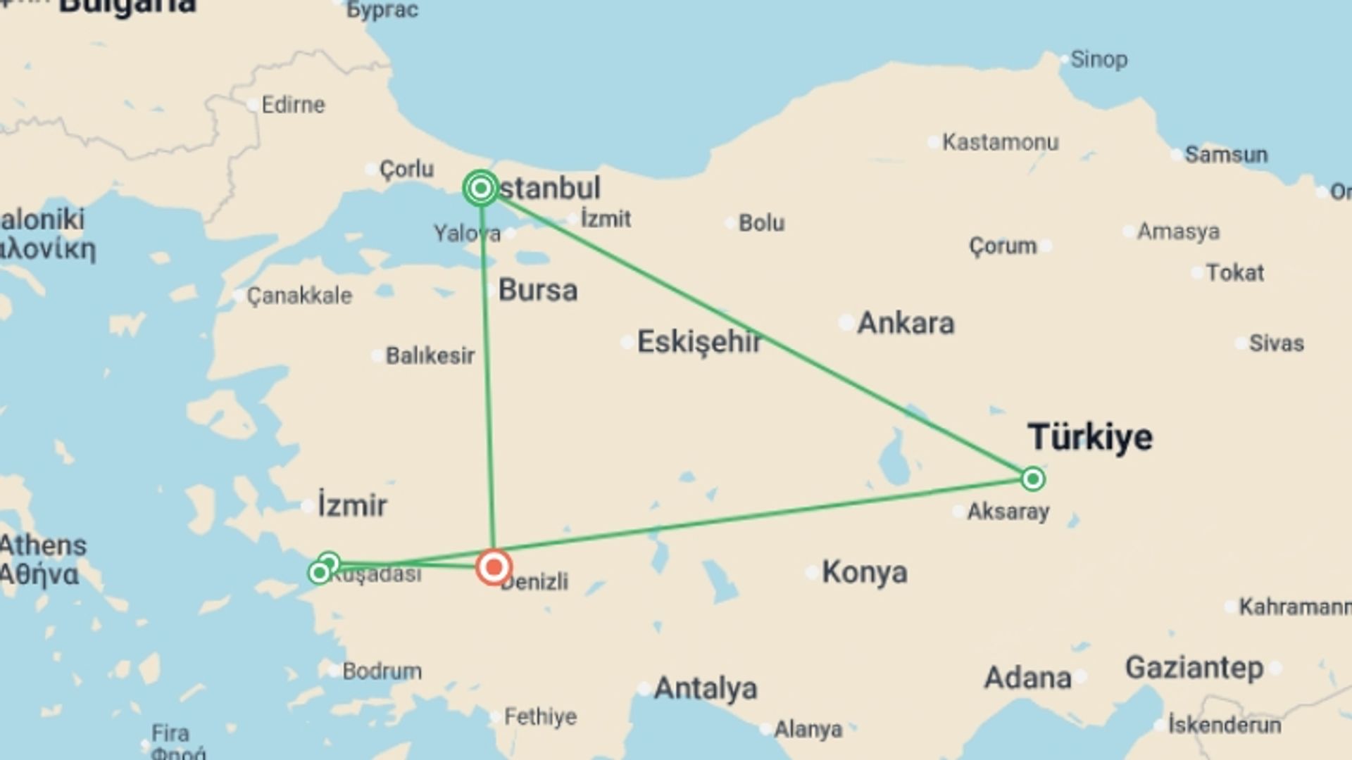 A map showing the tour itinerary for the trip: Enchanting Türkiye, starting in Istanbul, Turkey and ending in Pamukkale, Turkey going through 5 other destinations.