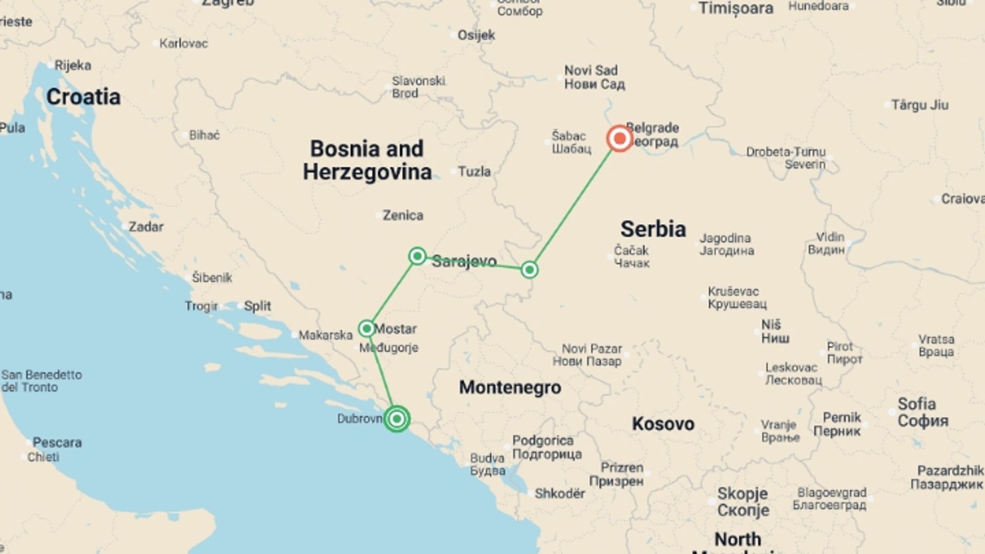 A map showing the tour itinerary for the trip: Premium Balkans, starting in Dubrovnik, Croatia and ending in Belgrade, Serbia going through 3 other destinations.