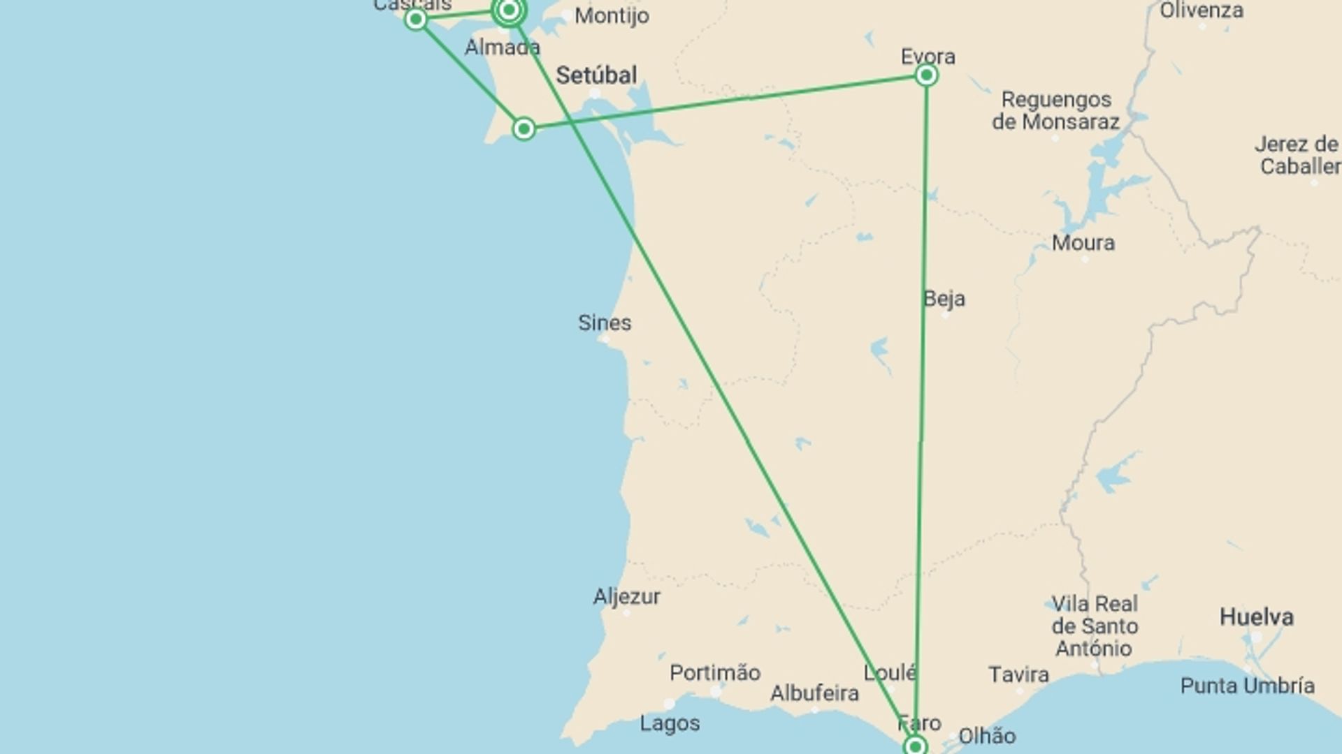A map showing the tour itinerary for the trip: Best of Lisbon and Algarve in 9 days, starting in Lisbon, Portugal and ending in Lisbon, Portugal going through 3 other destinations.