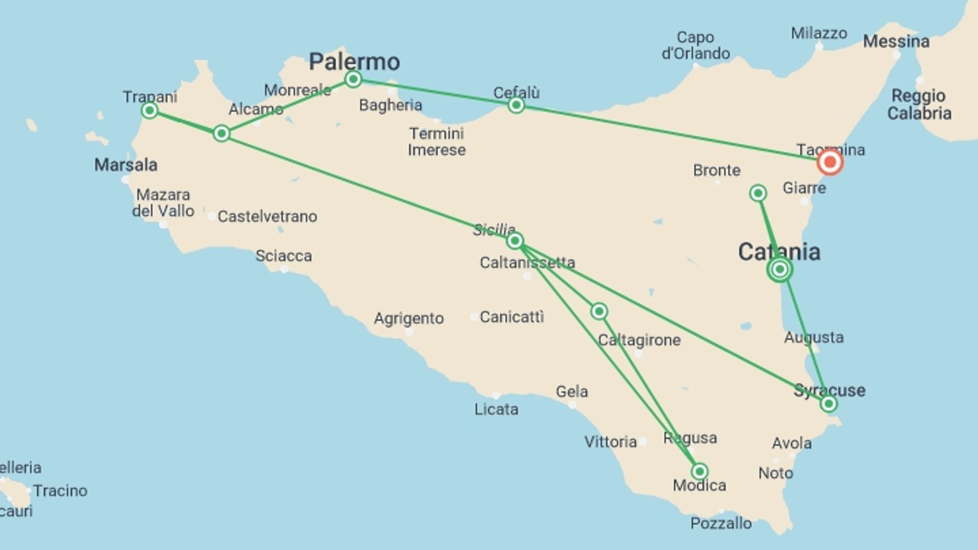 A map showing the tour itinerary for the trip: Sicily Grand Tour, starting in Catania, Italy and ending in Taormina, Italy going through 8 other destinations.