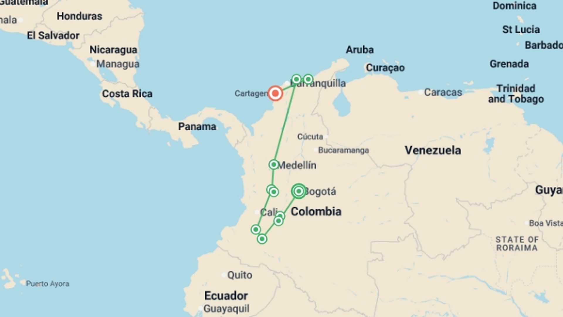A map showing the tour itinerary for the trip: Colombia Discovery - 15 days, starting in Bogota, Colombia and ending in Cartagena, Colombia going through 6 other destinations.