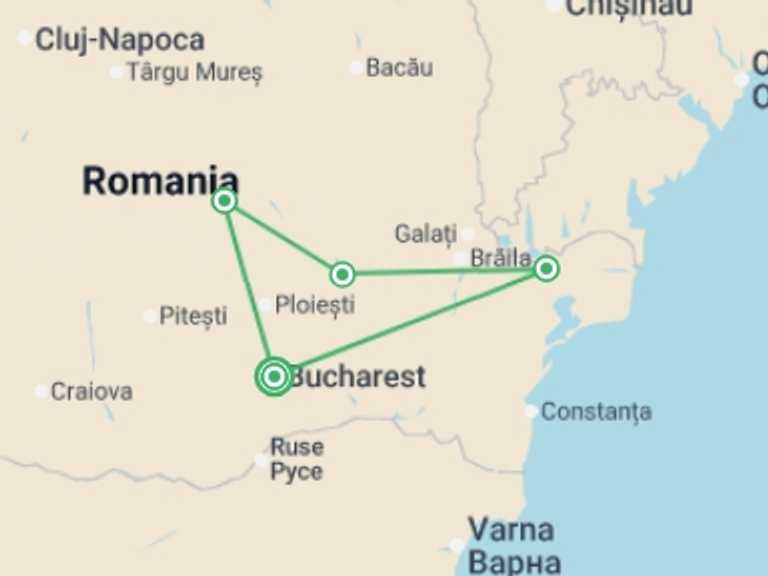 Map itinerary of Eastern Europe Tour in September 2026 with 4 destination visits for the trip: Highlights of Romania & the Danube Delta