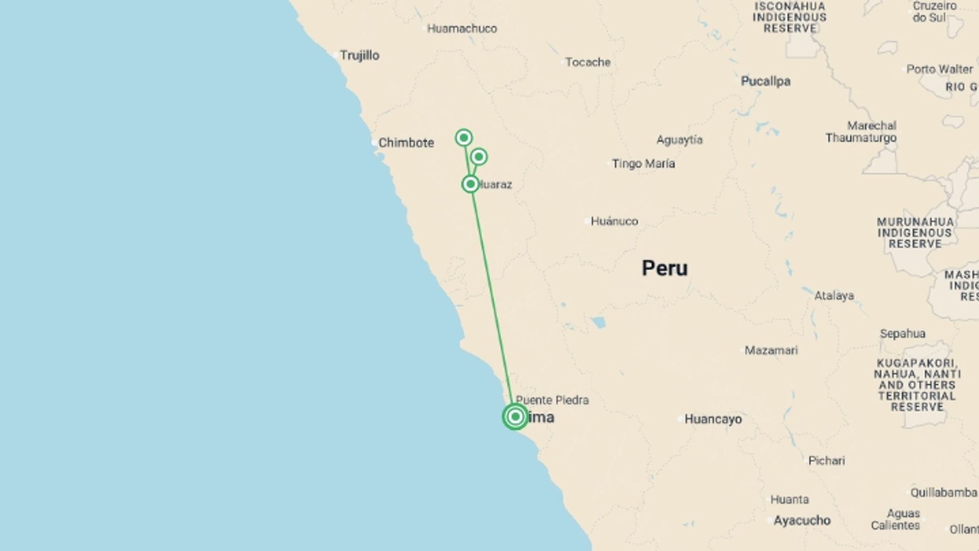 A map showing the tour itinerary for the trip: Huaraz, The Heart Of The Mountains - Semi-private Tour, starting in Lima, Peru and ending in Lima, Peru going through 1 other destinations.