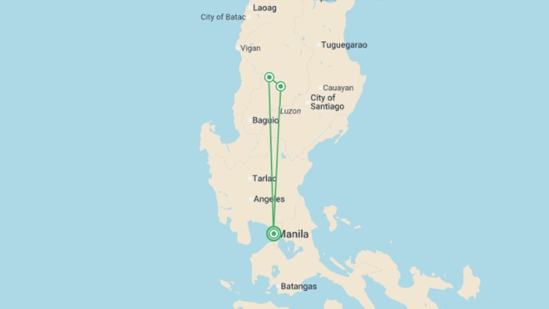 A map showing the tour itinerary for the trip: Private North Luzon Explorer - 4 days, starting in Manila, Philippines and ending in Manila, Philippines going through 2 other destinations.