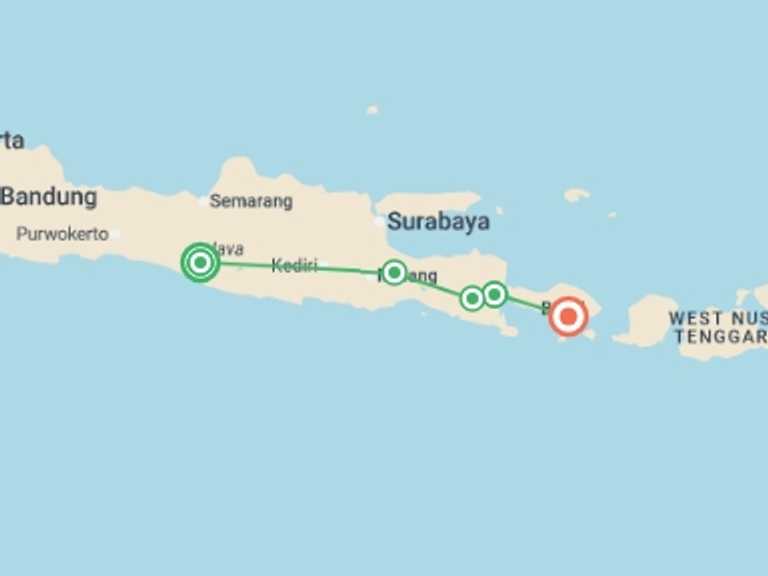 Map itinerary of Indonesia Tour in November 2025 with 5 destination visits for the trip: Journey Through Java to Bali - 9 days