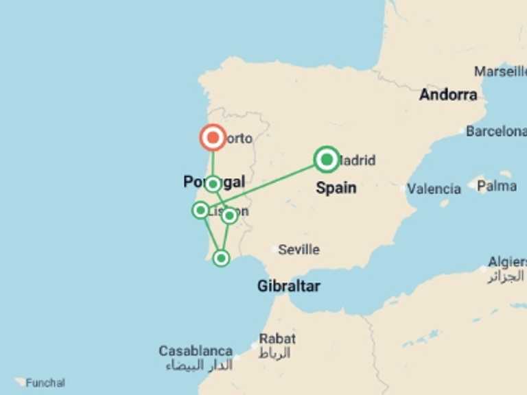 Map itinerary of Europe Tour in March 2027 with 6 destination visits for the trip: Portugal Algarve, Lands of the Tagus  (end Porto)