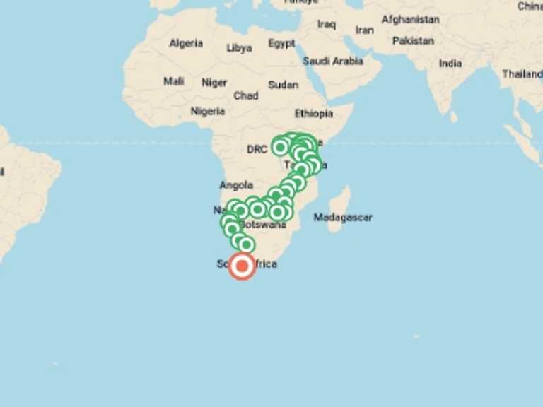 Map of a Gorilla and chimpanzee tracking Tour with 40 destination visits for the trip: Africa Encompassed Southbound