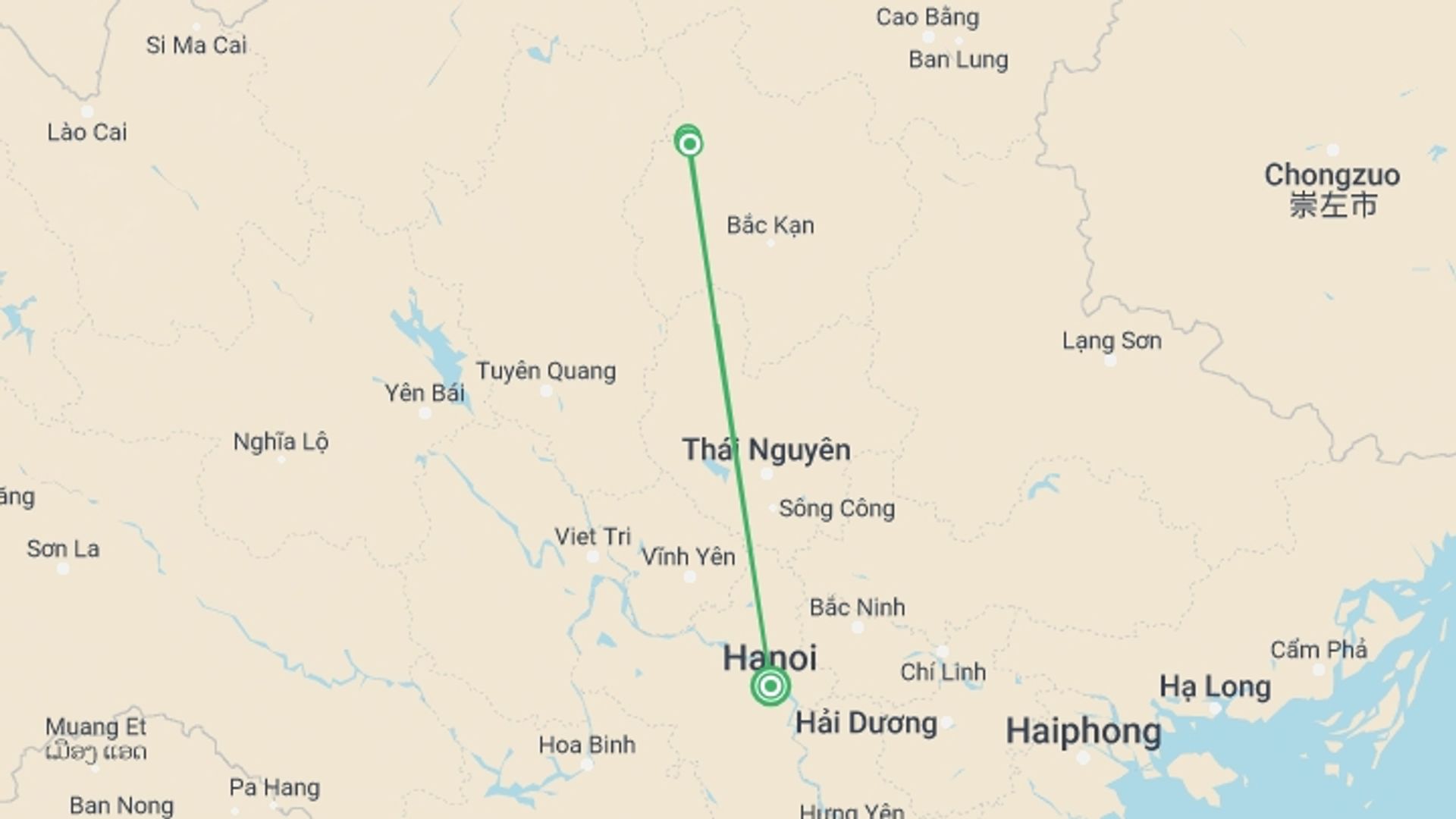 A map showing the tour itinerary for the trip: 4-day Jungle Trekking In Ba Be National Park, starting in Hanoi, Vietnam and ending in Hanoi, Vietnam going through 2 other destinations.