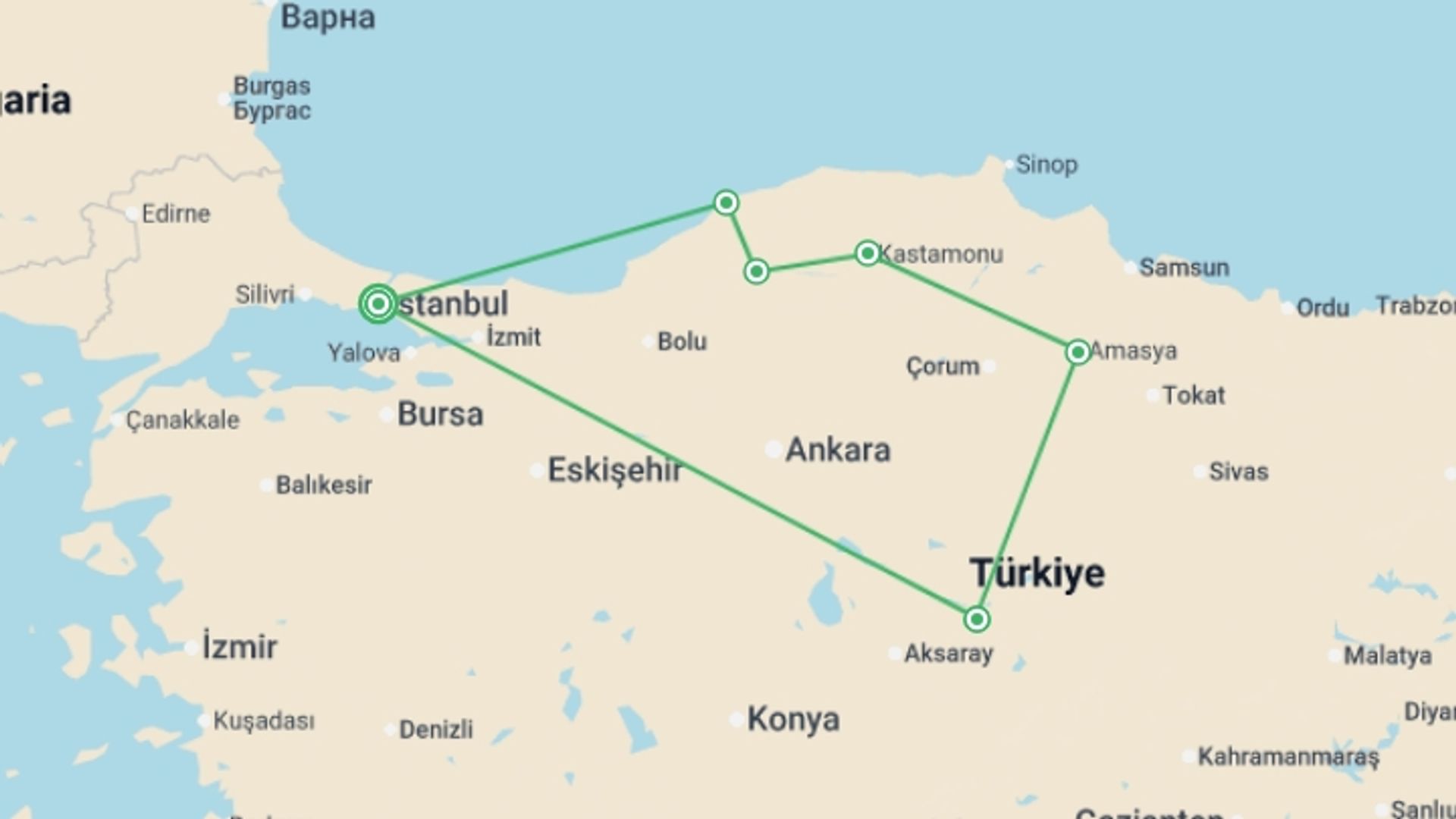 A map showing the tour itinerary for the trip: From The Bosphorus To The Black Sea, starting in Istanbul, Turkey and ending in Istanbul, Turkey going through 5 other destinations.