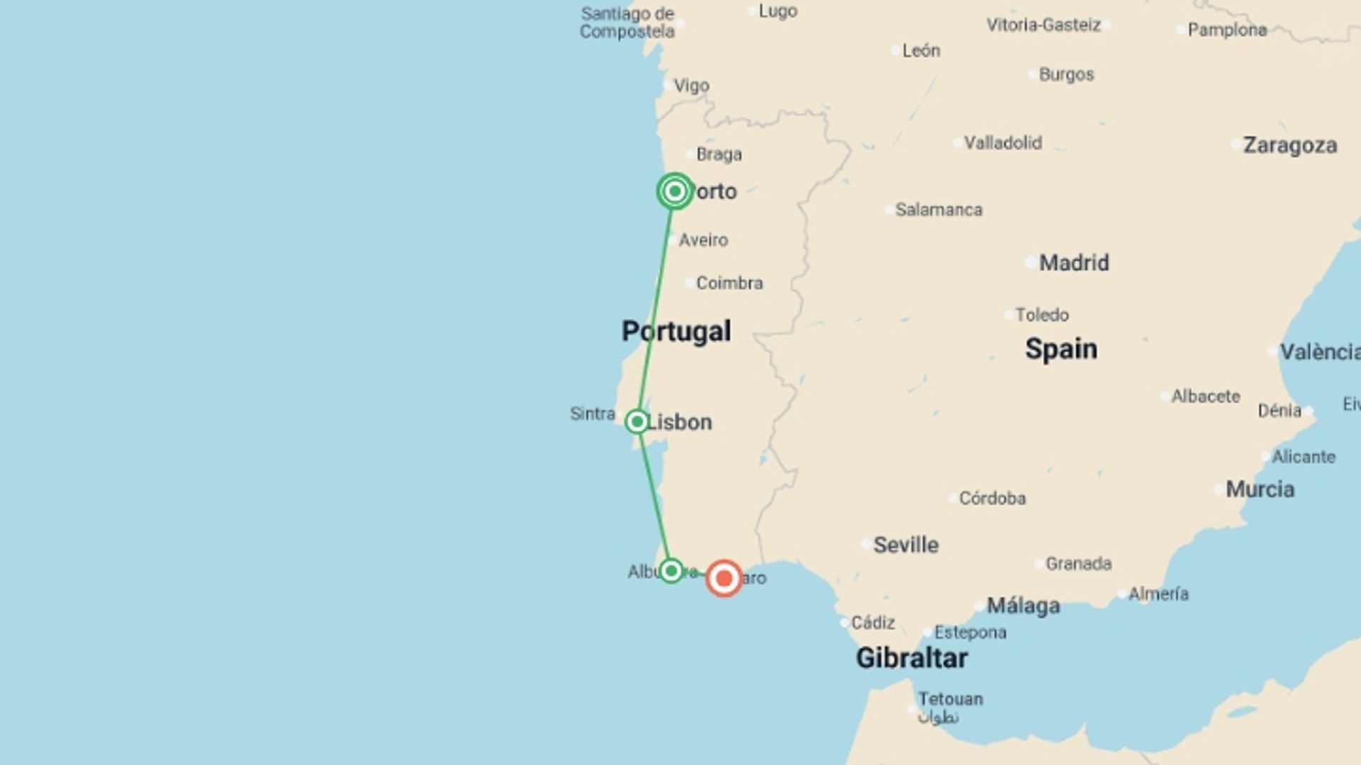 A map showing the tour itinerary for the trip: Portugal North And South, Self-drive, starting in undefined, Portugal and ending in undefined, Portugal going through 1 other destinations.