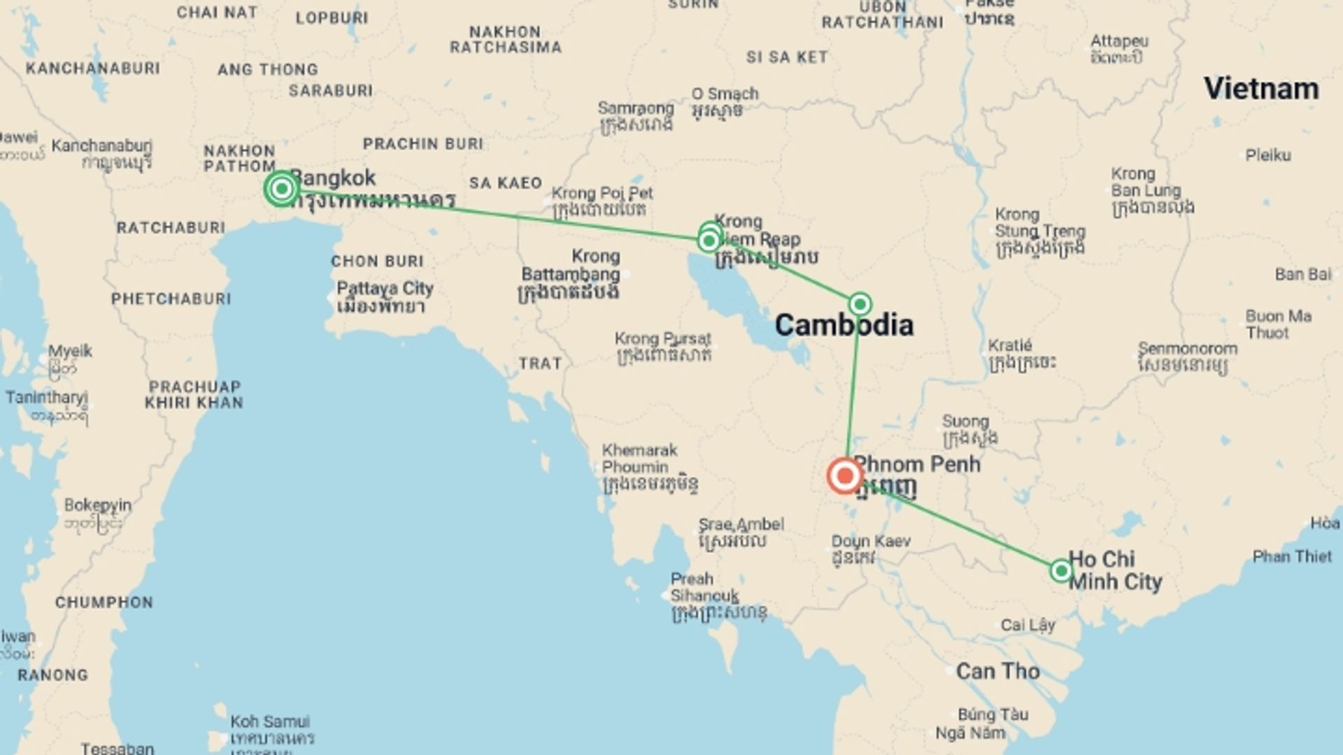 A map showing the tour itinerary for the trip: Cambodia Express, starting in Bangkok, Thailand and ending in Phnom Penh, Cambodia going through 4 other destinations.