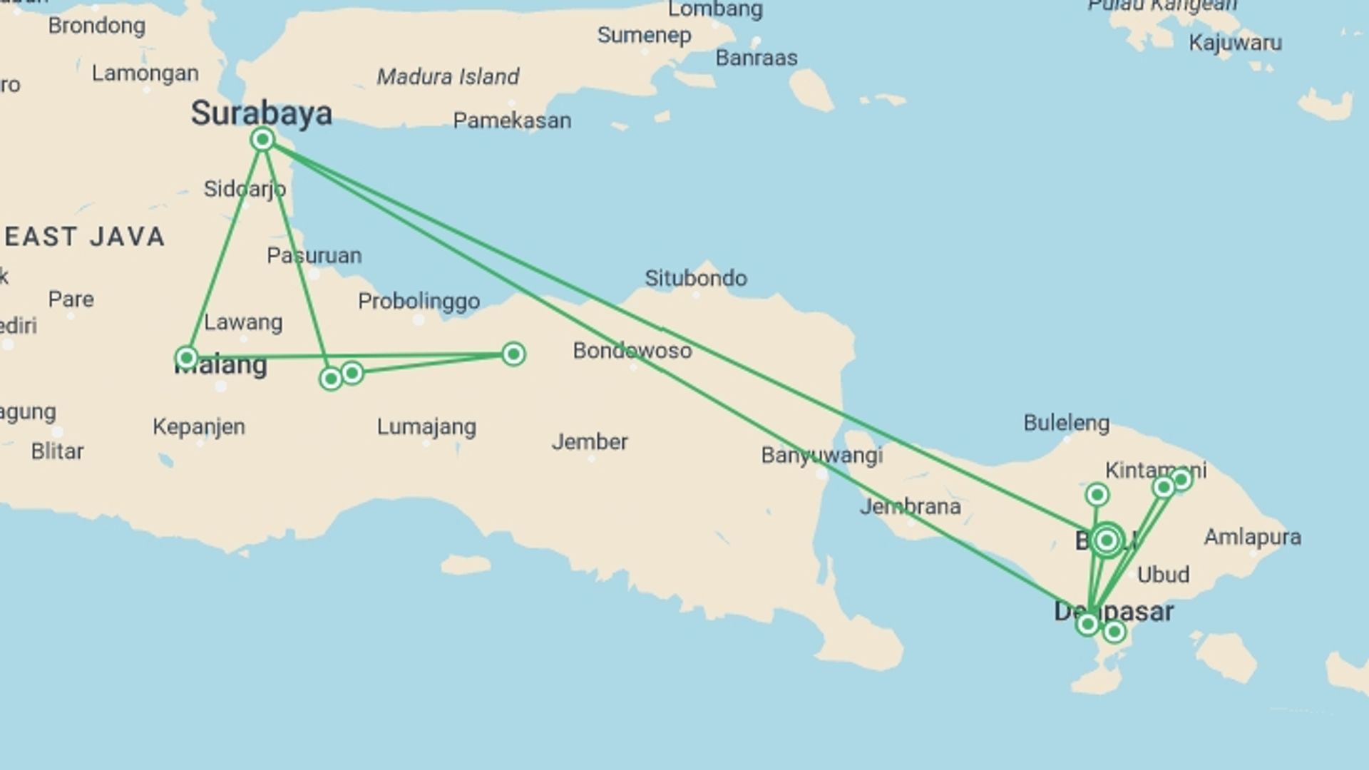 A map showing the tour itinerary for the trip: Nine Day Enduro: Bali & East Java , starting in Bali, Indonesia and ending in Bali, Indonesia going through 7 other destinations.
