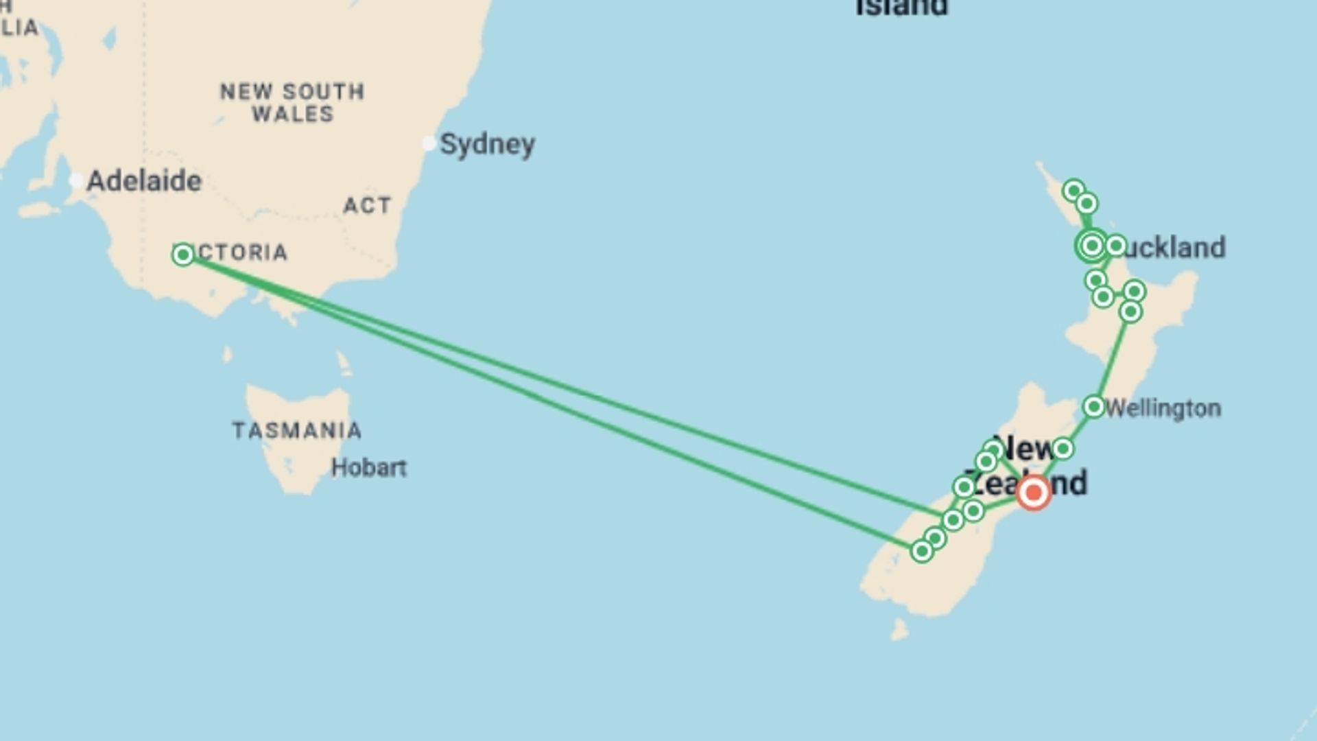 A map showing the tour itinerary for the trip: Ultimate New Zealand, starting in Auckland, New Zealand and ending in Christchurch, New Zealand going through 12 other destinations.
