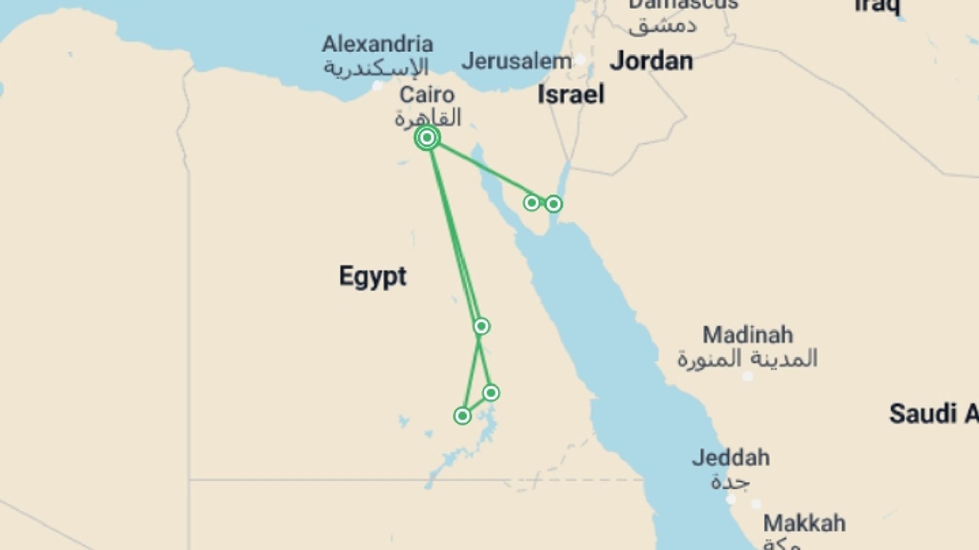 A map showing the tour itinerary for the trip: Treasures of the Nile (5 & 4 Star Hotels), starting in Cairo, Egypt and ending in Cairo, Egypt going through 4 other destinations.