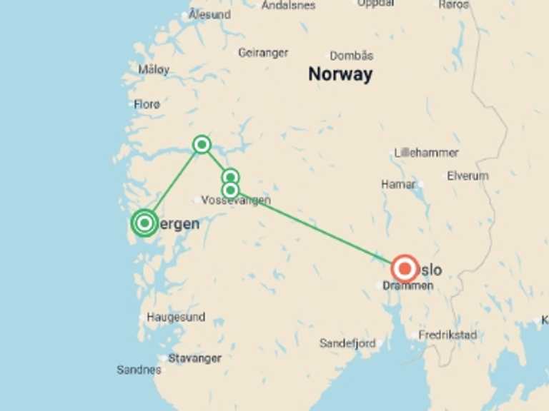 Map of Scandinavia Sightseeing Tour with 3 destination visits for the trip: Magic of Norwegian Fjords