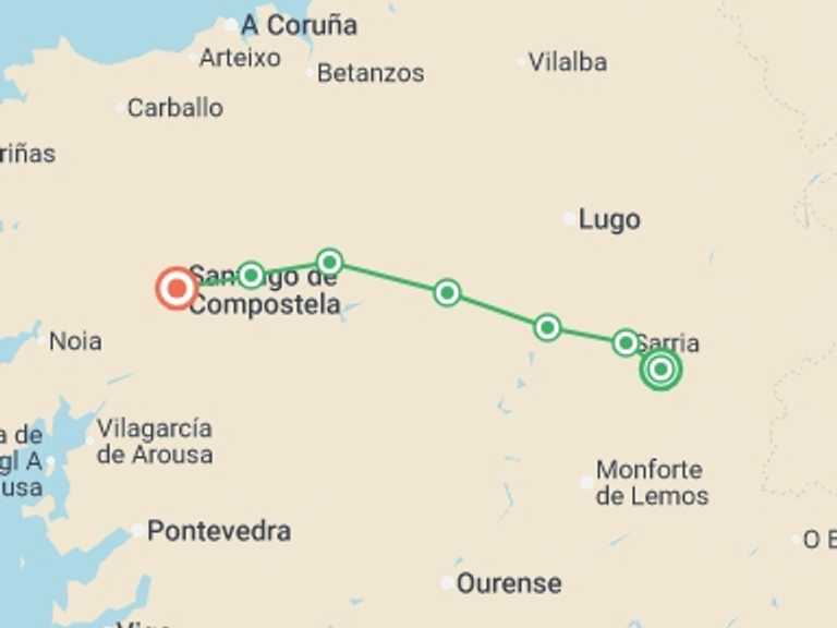 Map of Camino De Santiago Tour with 8 destination visits for the trip: Trekking the Camino de Santiago