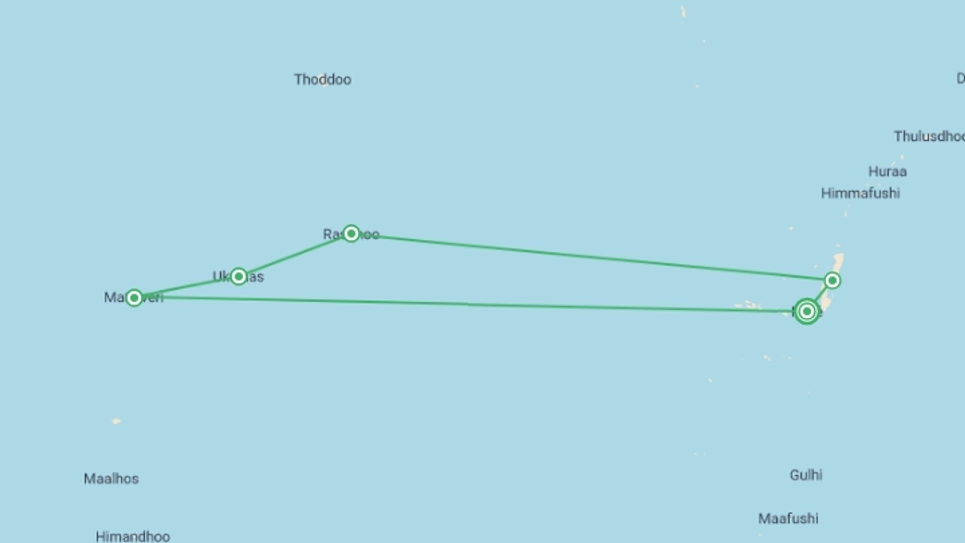 A map showing the tour itinerary for the trip: Maldives Private Relaxed Island Hopping 8D/7N, starting in Male, Maldives and ending in Male, Maldives going through 4 other destinations.