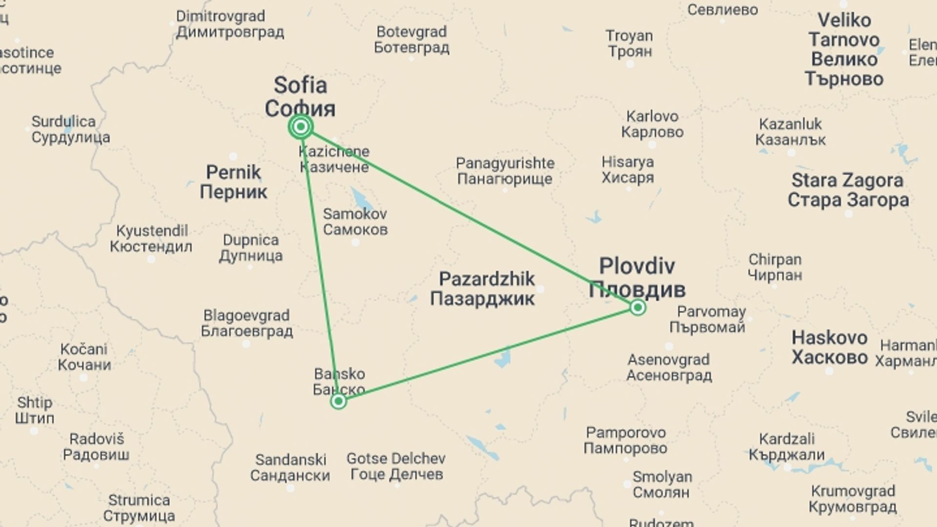 A map showing the tour itinerary for the trip: Exclusive Group (min 10 Pax): Bulgarian Culinary Wine Tour, starting in Sofia, Bulgaria and ending in Sofia, Bulgaria going through 2 other destinations.