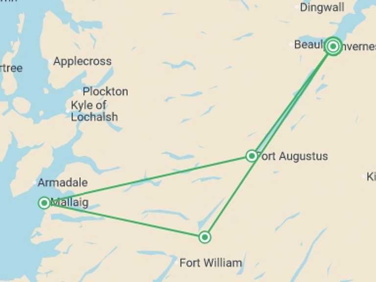 Map itinerary of Inverness Tour in October 2025 with 2 destination visits for the trip: Magical Highlands and the Hogwarts Express (7.30am Departure)